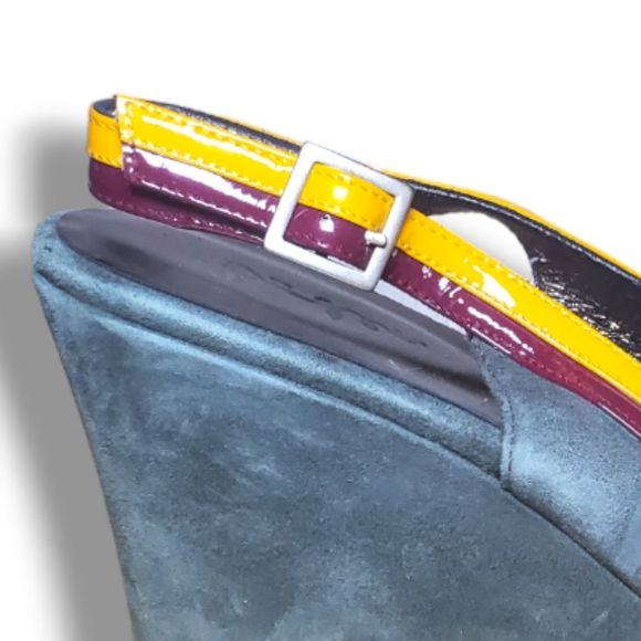 #271 Vintage Boden Slingback Wedge Heel Pumps 41 10 Shoes AR403 Gray Yellow Red - Picture 4 of 9